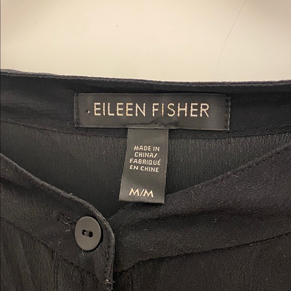 Eileen Fisher Black Silk Two Tone Button Down Tunic Mandarin Collar Size Medium - Picture 2 of 12